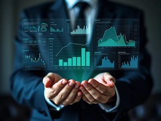 Another screen showing a dashboard held by a business man
