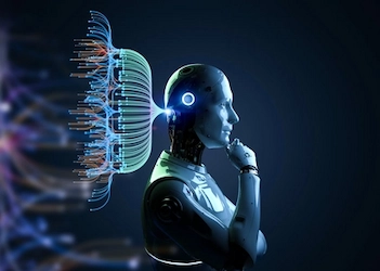 A robot from whose head a neural network emerges