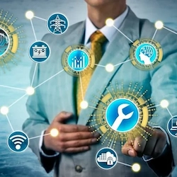 A business man selecting a wrench icon from a network of options