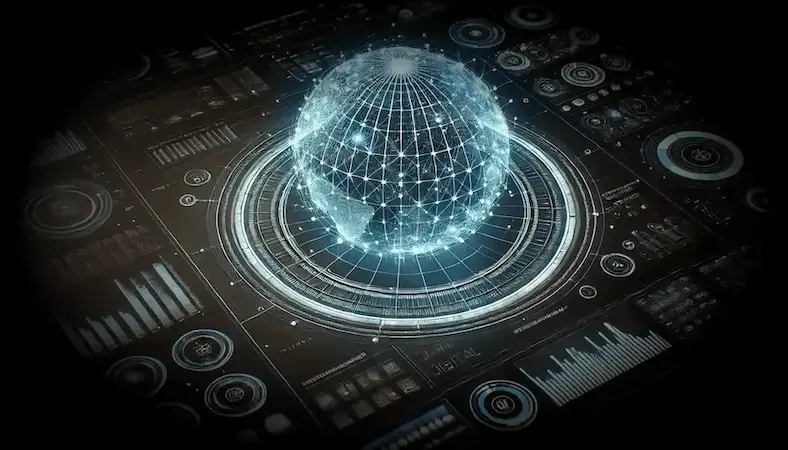 A globe-shaped network on top of a dashboard with bar charts and control elements